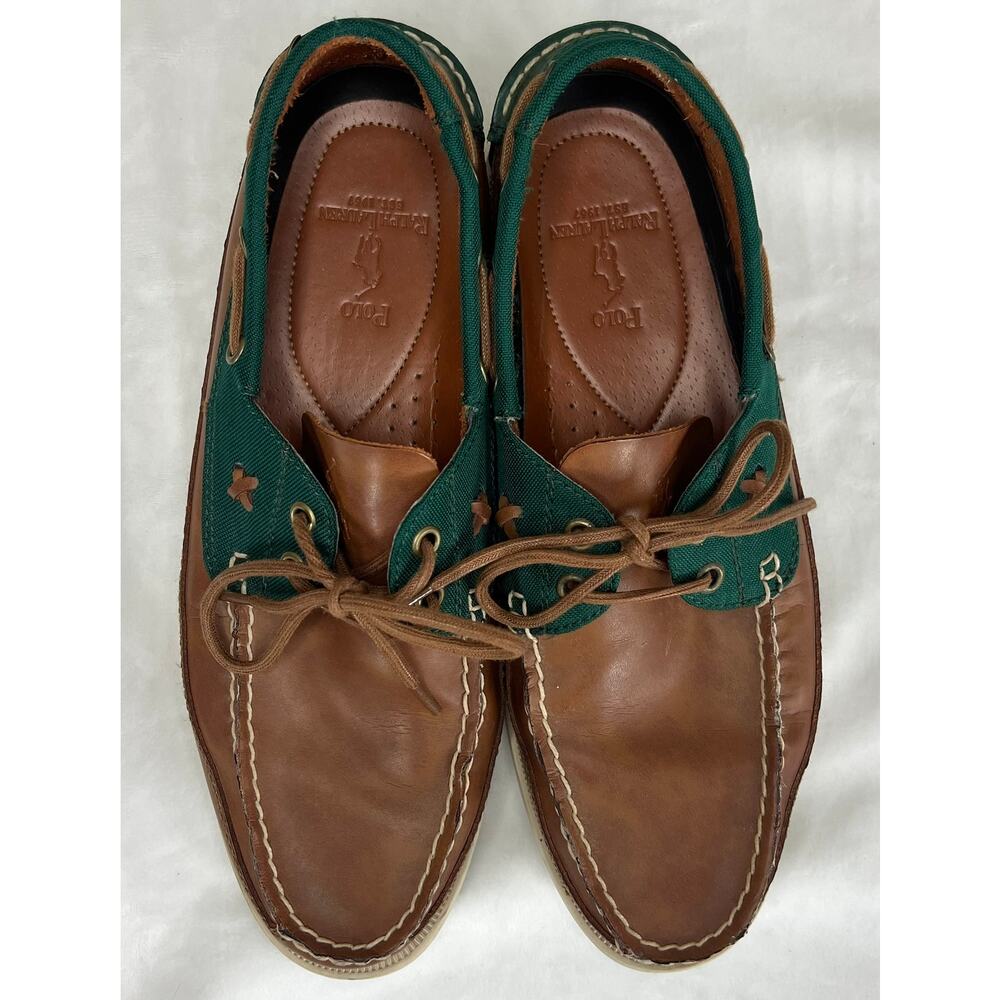 Men's Polo Ralph Lauren Canvas Leather Loafers Green & Brown, Size 9D Boat Shoe‎